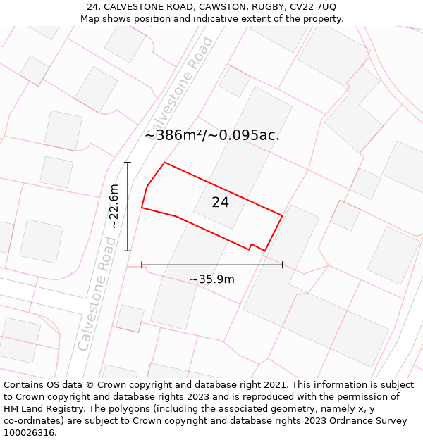 24, CALVESTONE ROAD, CAWSTON, RUGBY, CV22 7UQ: Plot and title map