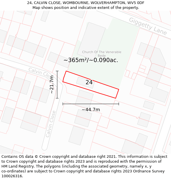 24, CALVIN CLOSE, WOMBOURNE, WOLVERHAMPTON, WV5 0DF: Plot and title map