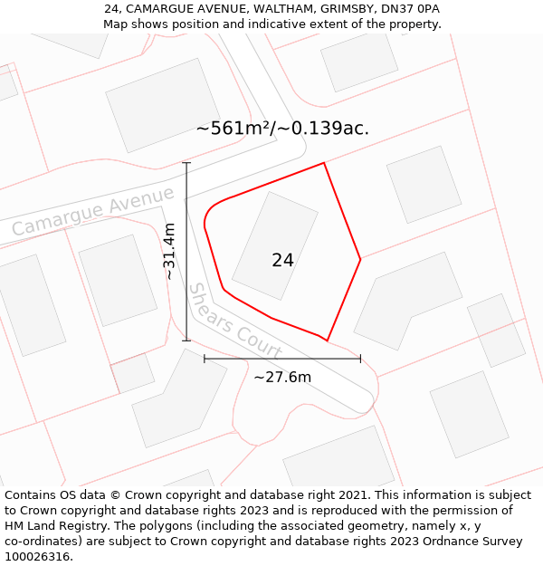 24, CAMARGUE AVENUE, WALTHAM, GRIMSBY, DN37 0PA: Plot and title map