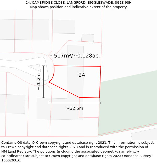 24, CAMBRIDGE CLOSE, LANGFORD, BIGGLESWADE, SG18 9SH: Plot and title map