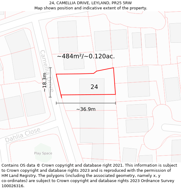 24, CAMELLIA DRIVE, LEYLAND, PR25 5RW: Plot and title map