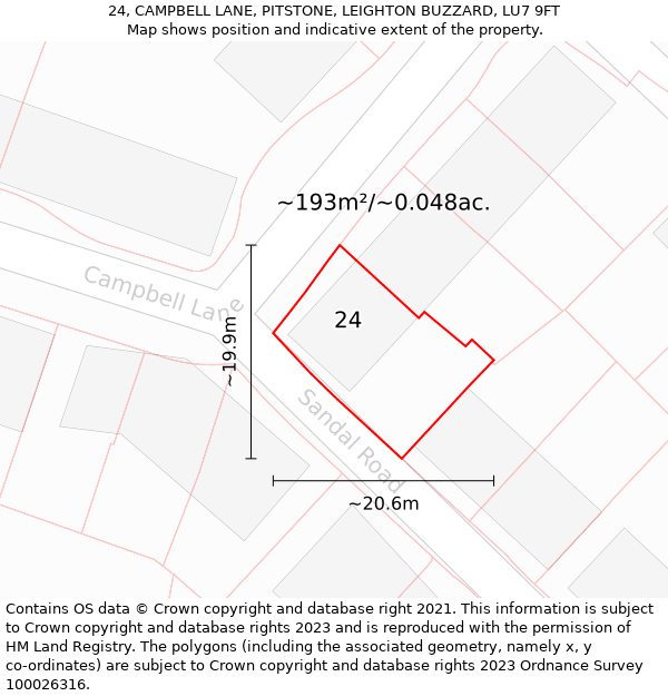 24, CAMPBELL LANE, PITSTONE, LEIGHTON BUZZARD, LU7 9FT: Plot and title map