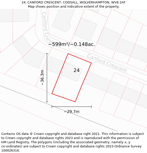 24, CANFORD CRESCENT, CODSALL, WOLVERHAMPTON, WV8 2AF: Plot and title map