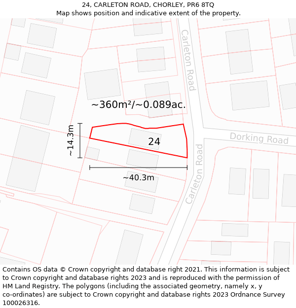 24, CARLETON ROAD, CHORLEY, PR6 8TQ: Plot and title map