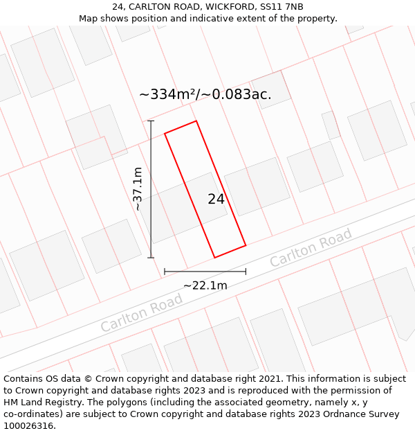 24, CARLTON ROAD, WICKFORD, SS11 7NB: Plot and title map