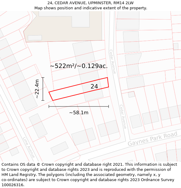 24, CEDAR AVENUE, UPMINSTER, RM14 2LW: Plot and title map