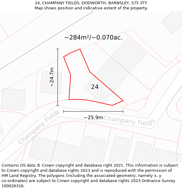 24, CHAMPANY FIELDS, DODWORTH, BARNSLEY, S75 3TY: Plot and title map