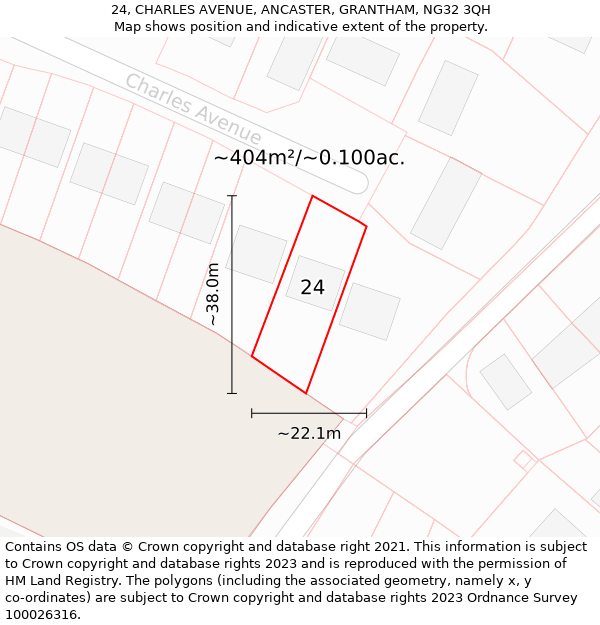 24, CHARLES AVENUE, ANCASTER, GRANTHAM, NG32 3QH: Plot and title map