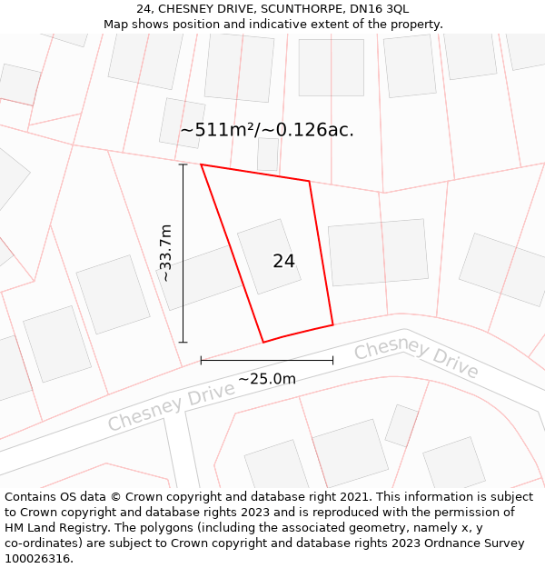 24, CHESNEY DRIVE, SCUNTHORPE, DN16 3QL: Plot and title map