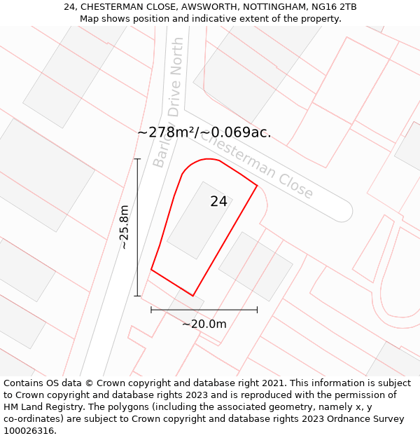 24, CHESTERMAN CLOSE, AWSWORTH, NOTTINGHAM, NG16 2TB: Plot and title map