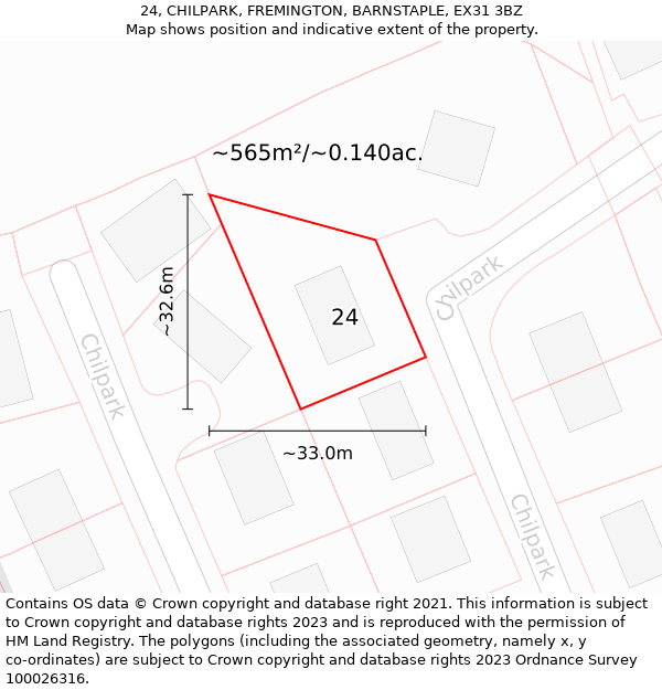 24, CHILPARK, FREMINGTON, BARNSTAPLE, EX31 3BZ: Plot and title map