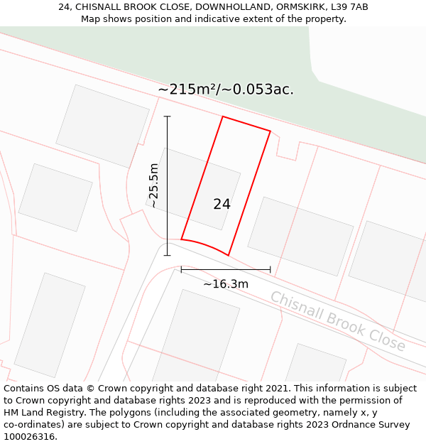 24, CHISNALL BROOK CLOSE, DOWNHOLLAND, ORMSKIRK, L39 7AB: Plot and title map