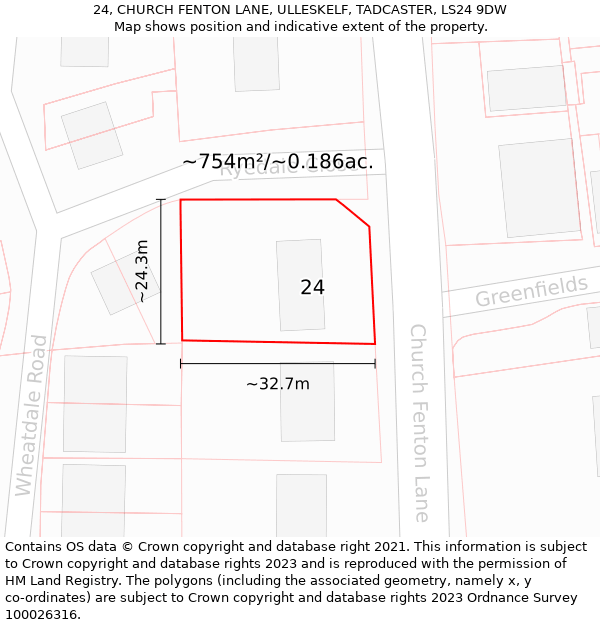 24, CHURCH FENTON LANE, ULLESKELF, TADCASTER, LS24 9DW: Plot and title map