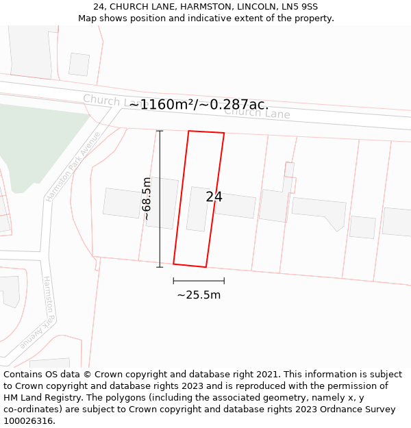 24, CHURCH LANE, HARMSTON, LINCOLN, LN5 9SS: Plot and title map