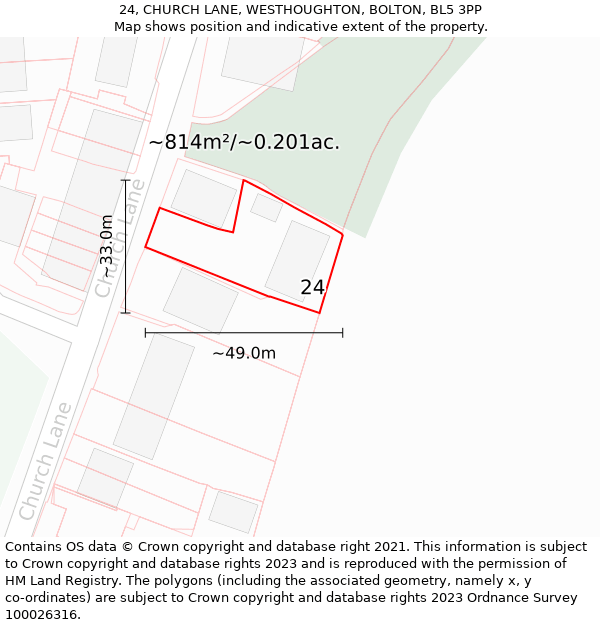 24, CHURCH LANE, WESTHOUGHTON, BOLTON, BL5 3PP: Plot and title map