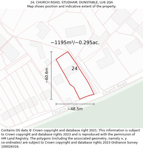 24, CHURCH ROAD, STUDHAM, DUNSTABLE, LU6 2QA: Plot and title map