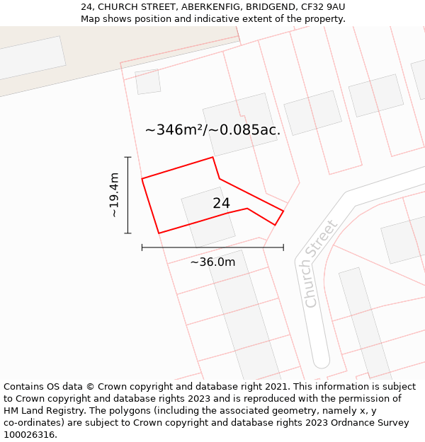 24, CHURCH STREET, ABERKENFIG, BRIDGEND, CF32 9AU: Plot and title map