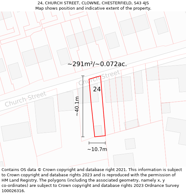 24, CHURCH STREET, CLOWNE, CHESTERFIELD, S43 4JS: Plot and title map