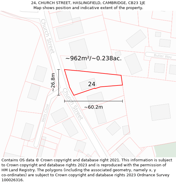 24, CHURCH STREET, HASLINGFIELD, CAMBRIDGE, CB23 1JE: Plot and title map