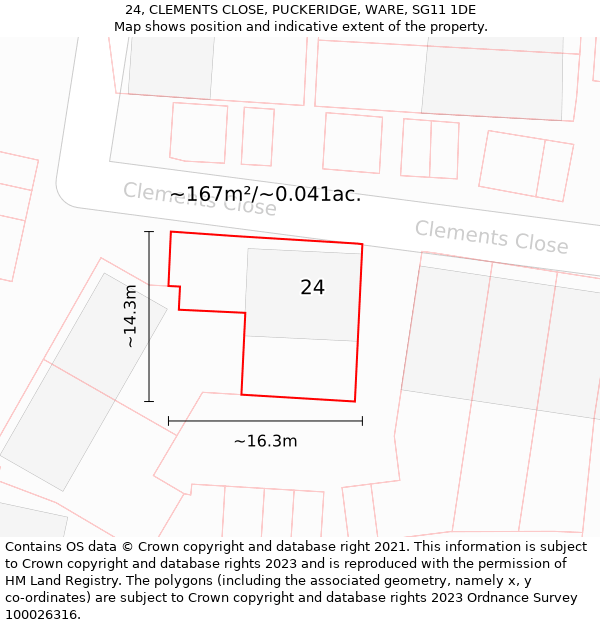 24, CLEMENTS CLOSE, PUCKERIDGE, WARE, SG11 1DE: Plot and title map