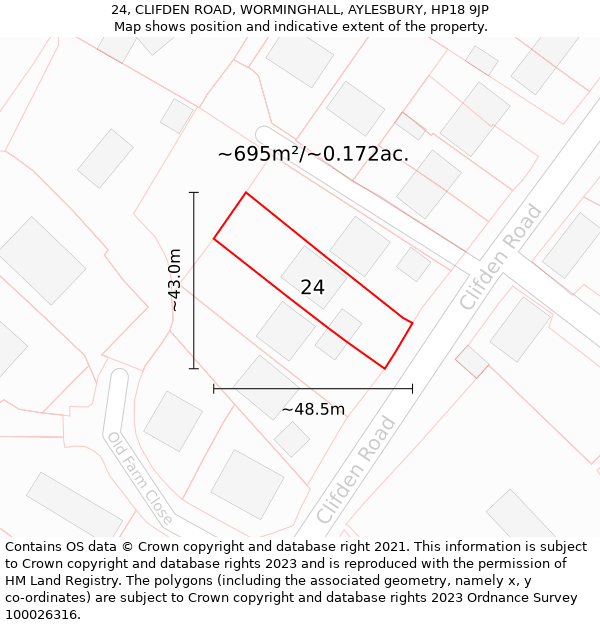 24, CLIFDEN ROAD, WORMINGHALL, AYLESBURY, HP18 9JP: Plot and title map