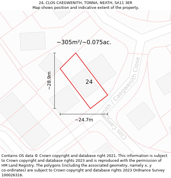 24, CLOS CAEGWENITH, TONNA, NEATH, SA11 3ER: Plot and title map