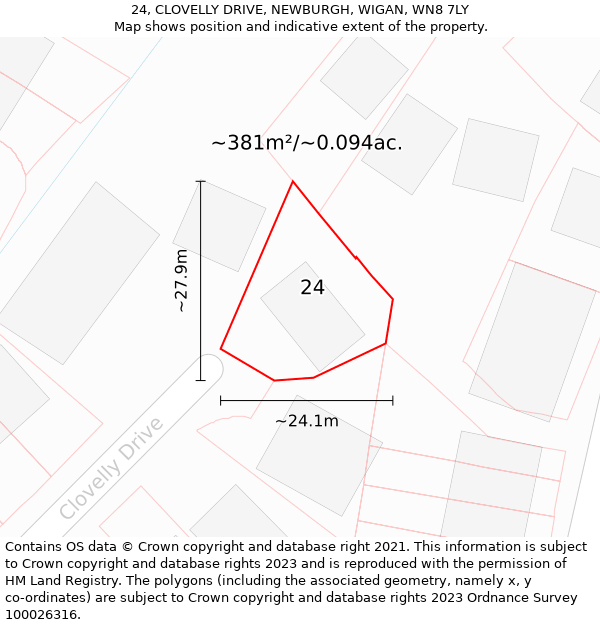 24, CLOVELLY DRIVE, NEWBURGH, WIGAN, WN8 7LY: Plot and title map