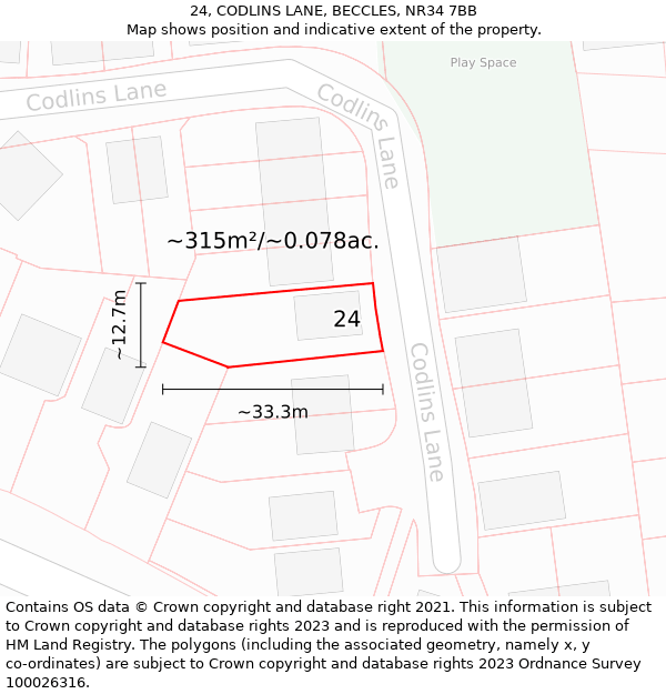 24, CODLINS LANE, BECCLES, NR34 7BB: Plot and title map