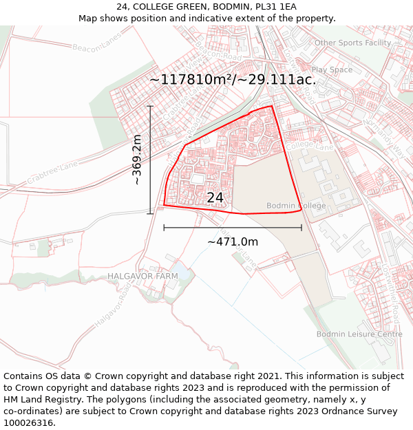 24, COLLEGE GREEN, BODMIN, PL31 1EA: Plot and title map
