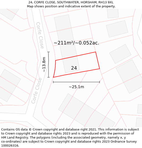 24, CORFE CLOSE, SOUTHWATER, HORSHAM, RH13 9XL: Plot and title map