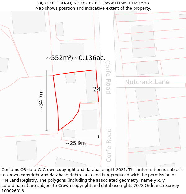 24, CORFE ROAD, STOBOROUGH, WAREHAM, BH20 5AB: Plot and title map