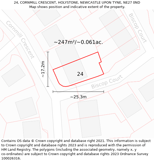 24, CORNMILL CRESCENT, HOLYSTONE, NEWCASTLE UPON TYNE, NE27 0ND: Plot and title map