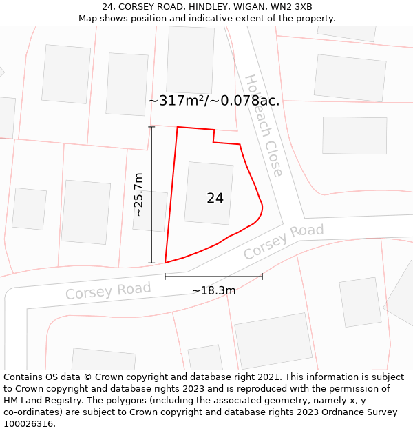 24, CORSEY ROAD, HINDLEY, WIGAN, WN2 3XB: Plot and title map