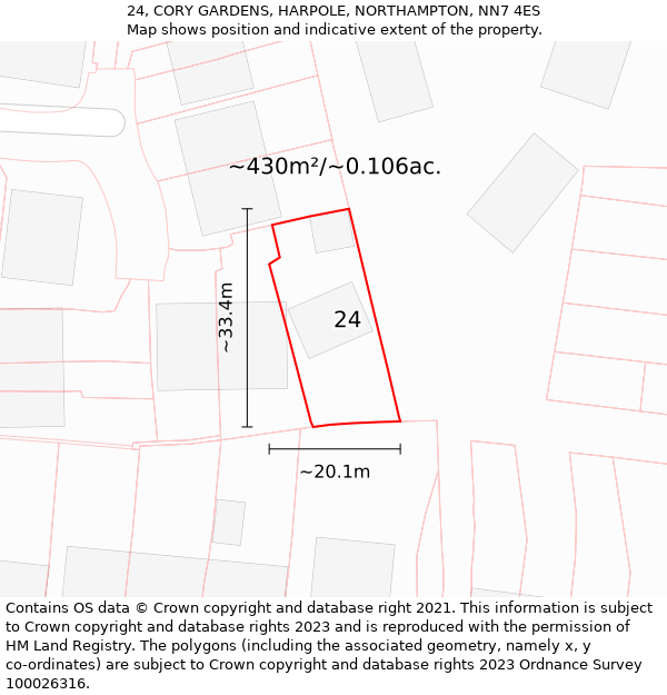 24, CORY GARDENS, HARPOLE, NORTHAMPTON, NN7 4ES: Plot and title map