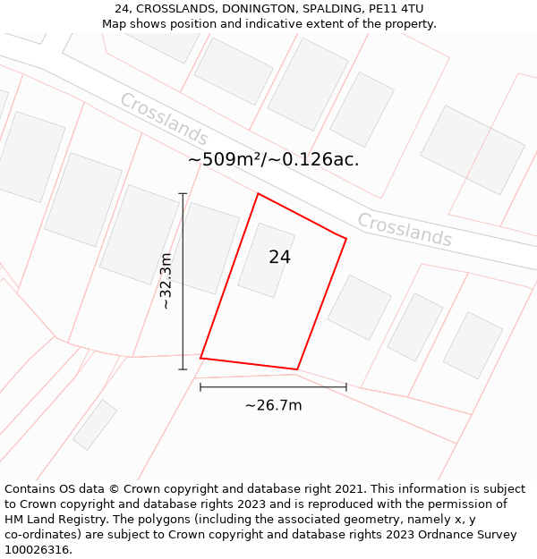 24, CROSSLANDS, DONINGTON, SPALDING, PE11 4TU: Plot and title map