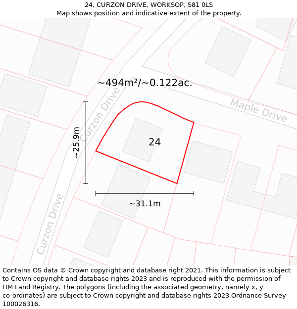 24, CURZON DRIVE, WORKSOP, S81 0LS: Plot and title map