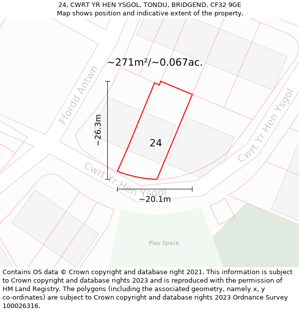 24, CWRT YR HEN YSGOL, TONDU, BRIDGEND, CF32 9GE: Plot and title map