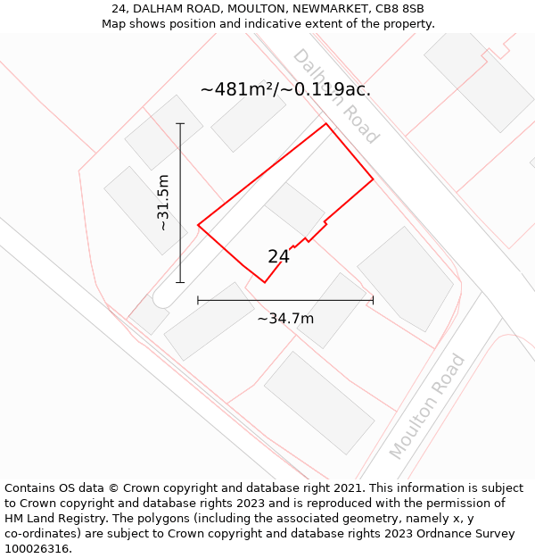 24, DALHAM ROAD, MOULTON, NEWMARKET, CB8 8SB: Plot and title map