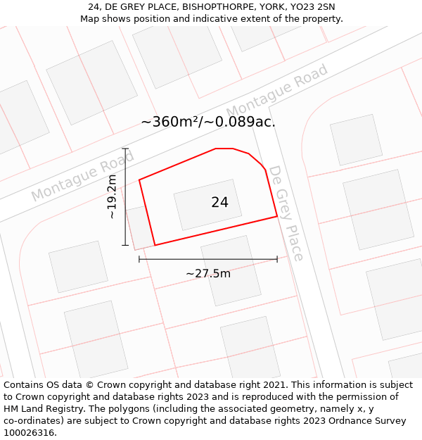 24, DE GREY PLACE, BISHOPTHORPE, YORK, YO23 2SN: Plot and title map