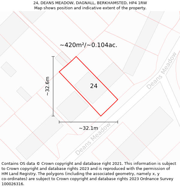 24, DEANS MEADOW, DAGNALL, BERKHAMSTED, HP4 1RW: Plot and title map