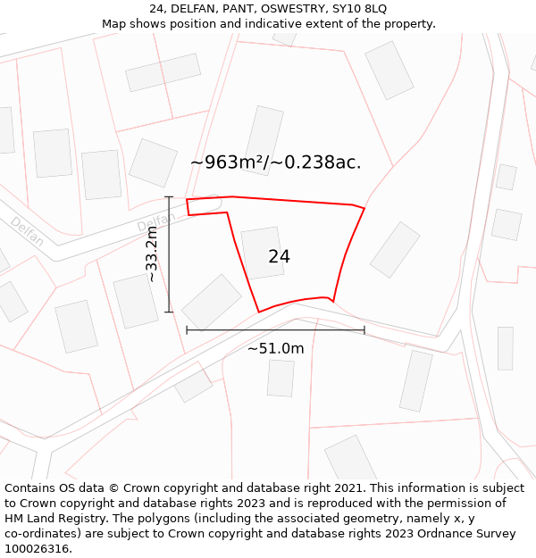 24, DELFAN, PANT, OSWESTRY, SY10 8LQ: Plot and title map