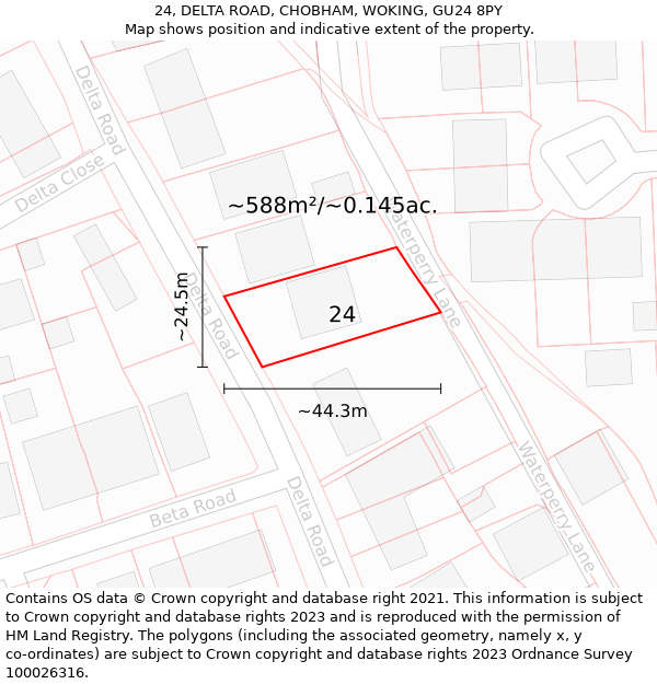 24, DELTA ROAD, CHOBHAM, WOKING, GU24 8PY: Plot and title map