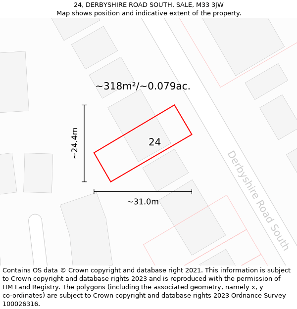 24, DERBYSHIRE ROAD SOUTH, SALE, M33 3JW: Plot and title map