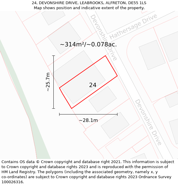 24, DEVONSHIRE DRIVE, LEABROOKS, ALFRETON, DE55 1LS: Plot and title map