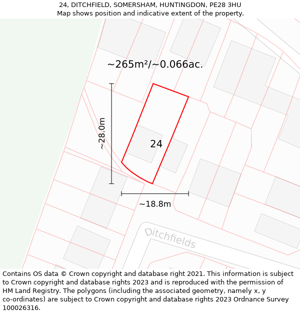 24, DITCHFIELD, SOMERSHAM, HUNTINGDON, PE28 3HU: Plot and title map