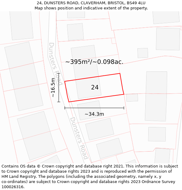 24, DUNSTERS ROAD, CLAVERHAM, BRISTOL, BS49 4LU: Plot and title map