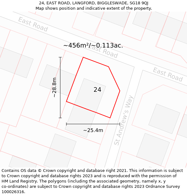 24, EAST ROAD, LANGFORD, BIGGLESWADE, SG18 9QJ: Plot and title map