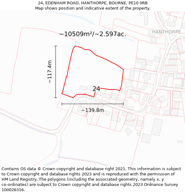 24, EDENHAM ROAD, HANTHORPE, BOURNE, PE10 0RB: Plot and title map