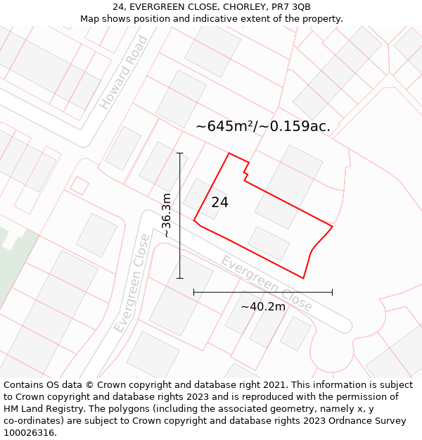 24, EVERGREEN CLOSE, CHORLEY, PR7 3QB: Plot and title map