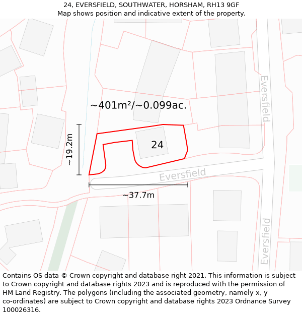 24, EVERSFIELD, SOUTHWATER, HORSHAM, RH13 9GF: Plot and title map